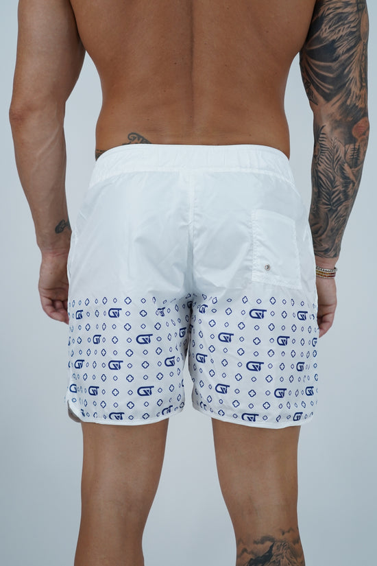 Shorts da mare monogram fondo bianco stampa blu, tessuto anti goccia idrorepellente
