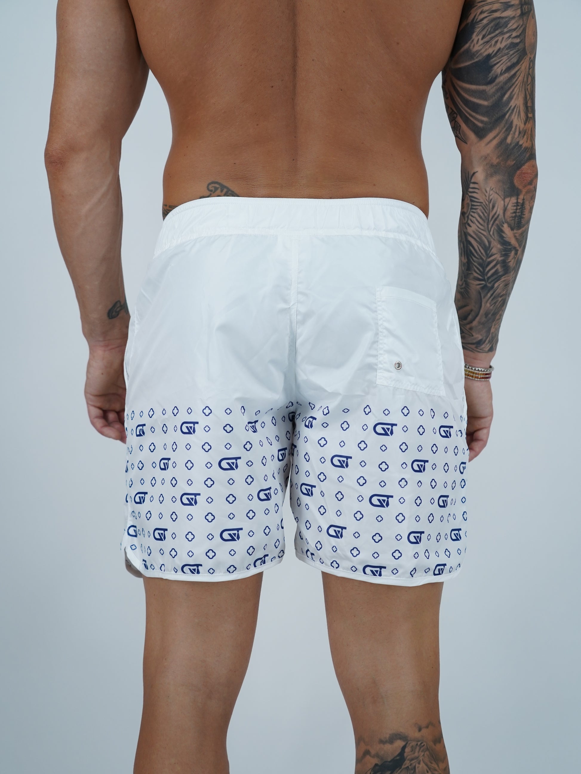 Shorts da mare monogram fondo bianco stampa blu, tessuto anti goccia idrorepellente