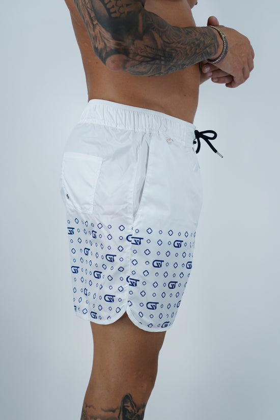 Shorts da mare monogram fondo bianco stampa blu, tessuto anti goccia idrorepellente