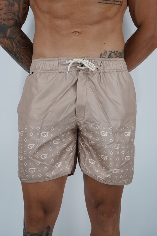 Shorts da mare monogram fondo beige stampa avorio, tessuto anti goccia idrorepellente