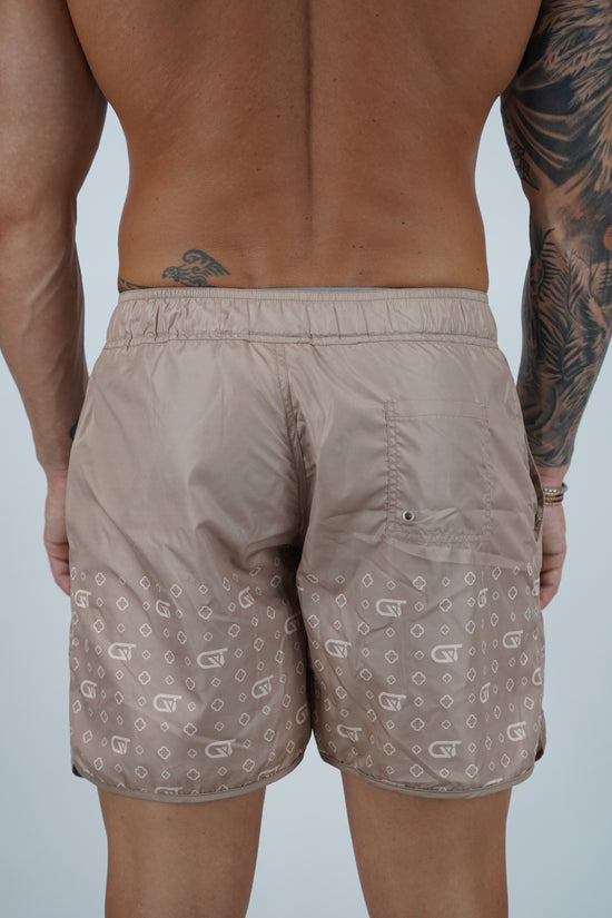 Shorts da mare monogram fondo beige stampa avorio, tessuto anti goccia idrorepellente