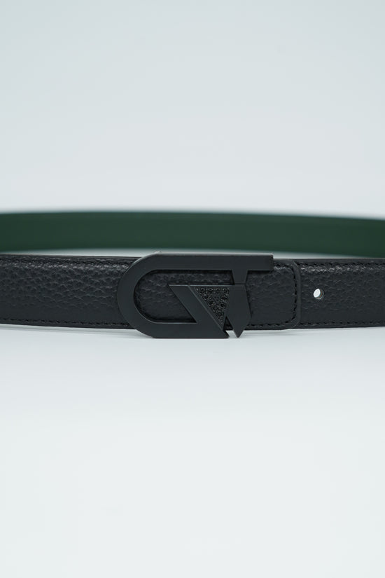 Cintura GT reversibile 2,5cm in pelle di vitello primo fiore nera/verde con fibbia nera opaca