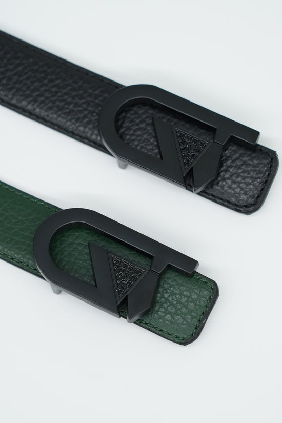 Cintura GT reversibile 2,5cm in pelle di vitello primo fiore nera/verde con fibbia nera opaca