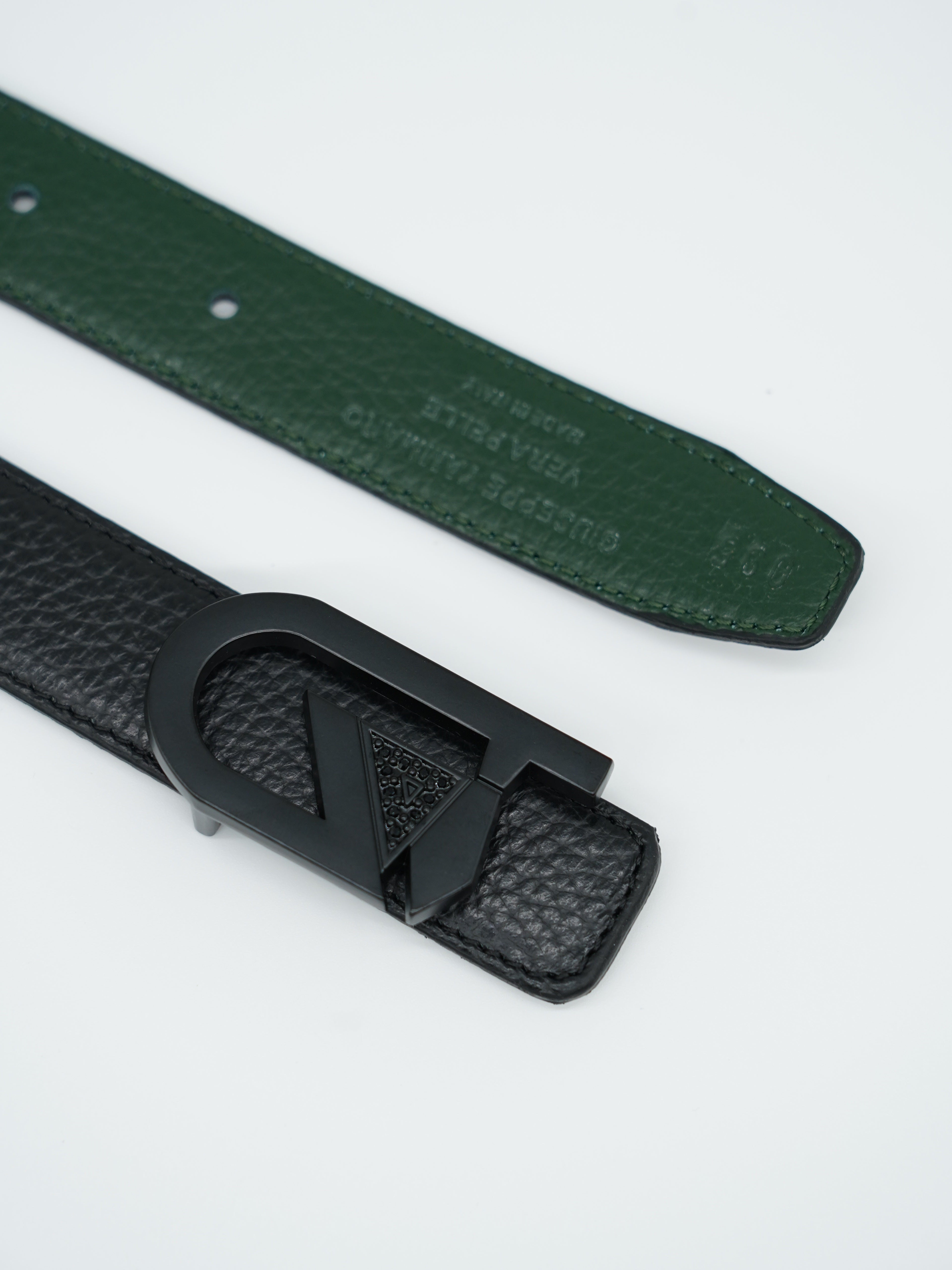 Cintura GT reversibile 2,5cm in pelle di vitello primo fiore nera/verde con fibbia nera opaca