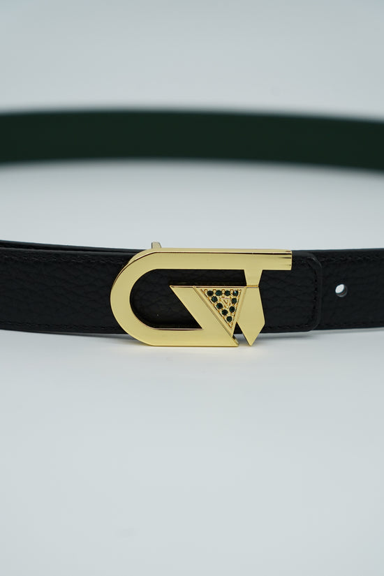 Cintura GT reversibile 2,5cm in pelle di vitello primo fiore verde/nera con fibbia oro lucido
