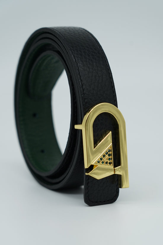Cintura GT reversibile 2,5cm in pelle di vitello primo fiore verde/nera con fibbia oro lucido