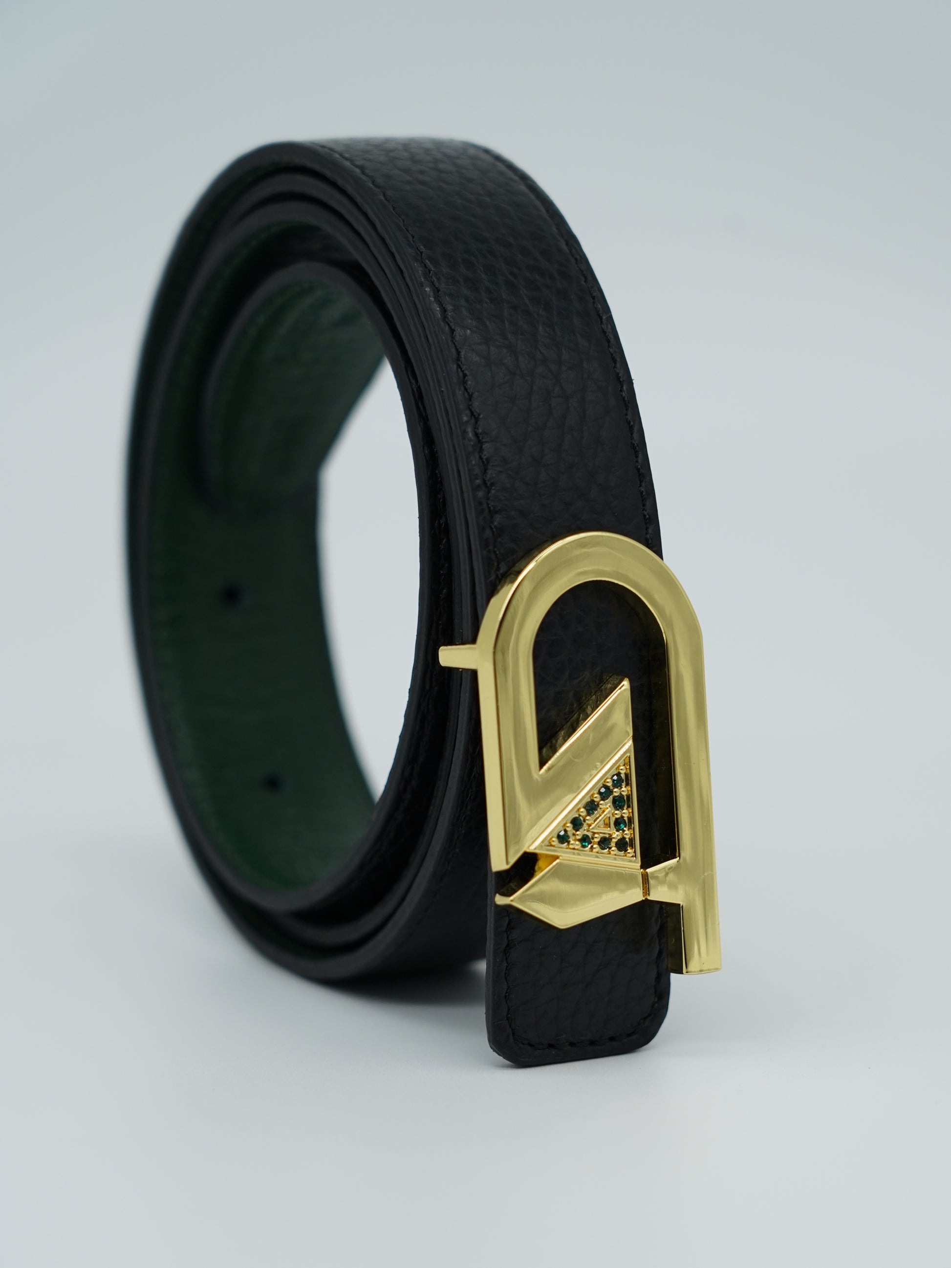 Cintura GT reversibile 2,5cm in pelle di vitello primo fiore verde/nera con fibbia oro lucido