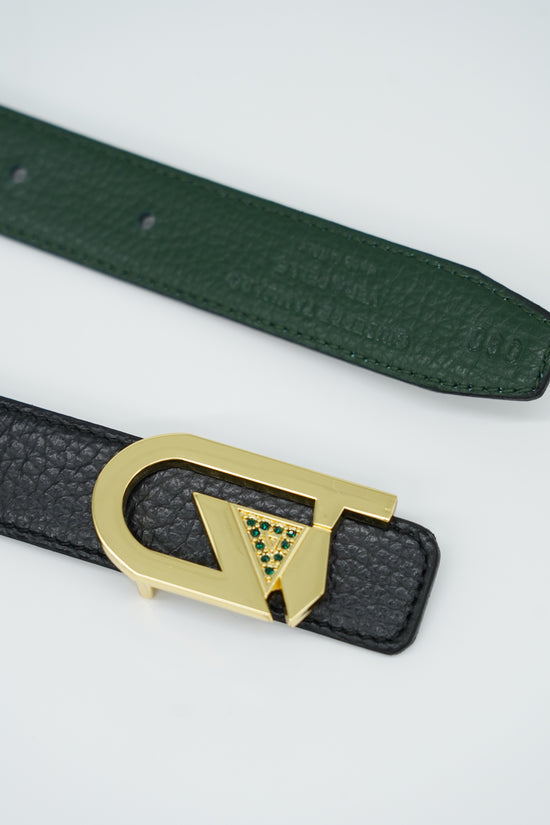 Cintura GT reversibile 2,5cm in pelle di vitello primo fiore verde/nera con fibbia oro lucido