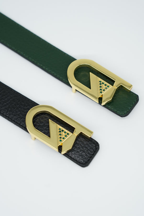 Cintura GT reversibile 2,5cm in pelle di vitello primo fiore verde/nera con fibbia oro lucido