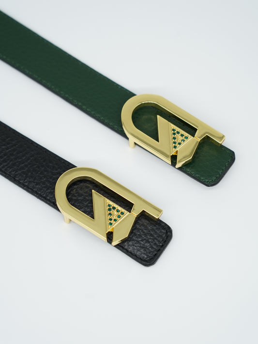 Cintura GT reversibile 2,5cm in pelle di vitello primo fiore verde/nera con fibbia oro lucido