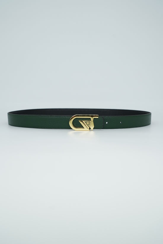 Cintura GT reversibile 2,5cm in pelle di vitello primo fiore verde/nera con fibbia oro lucido