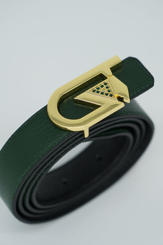 Cintura GT reversibile 2,5cm in pelle di vitello primo fiore verde/nera con fibbia oro lucido