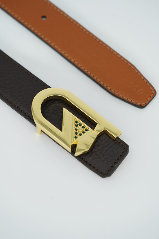 Cintura GT reversibile 2,5cm in pelle di vitello primo fiore moro/cuoio con fibbia oro lucido