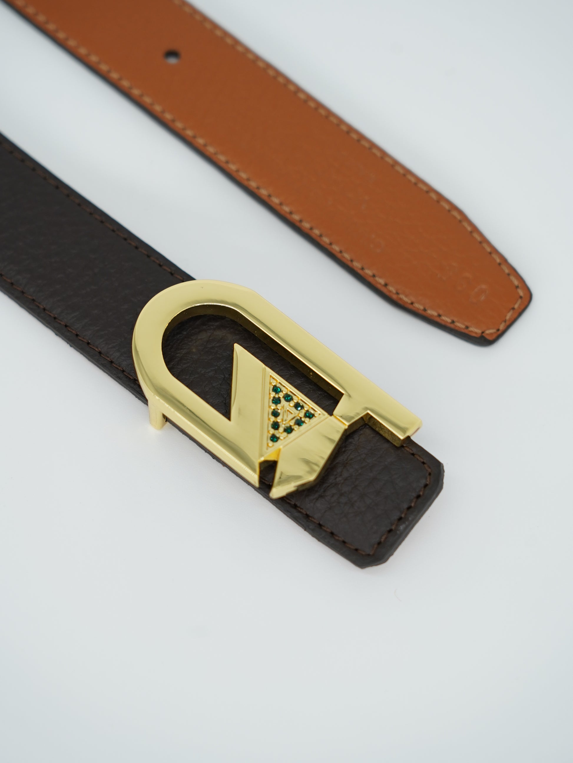 Cintura GT reversibile 2,5cm in pelle di vitello primo fiore moro/cuoio con fibbia oro lucido