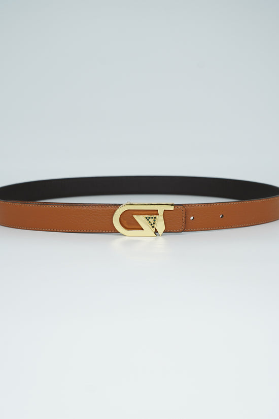 Cintura GT reversibile 2,5cm in pelle di vitello primo fiore moro/cuoio con fibbia oro lucido