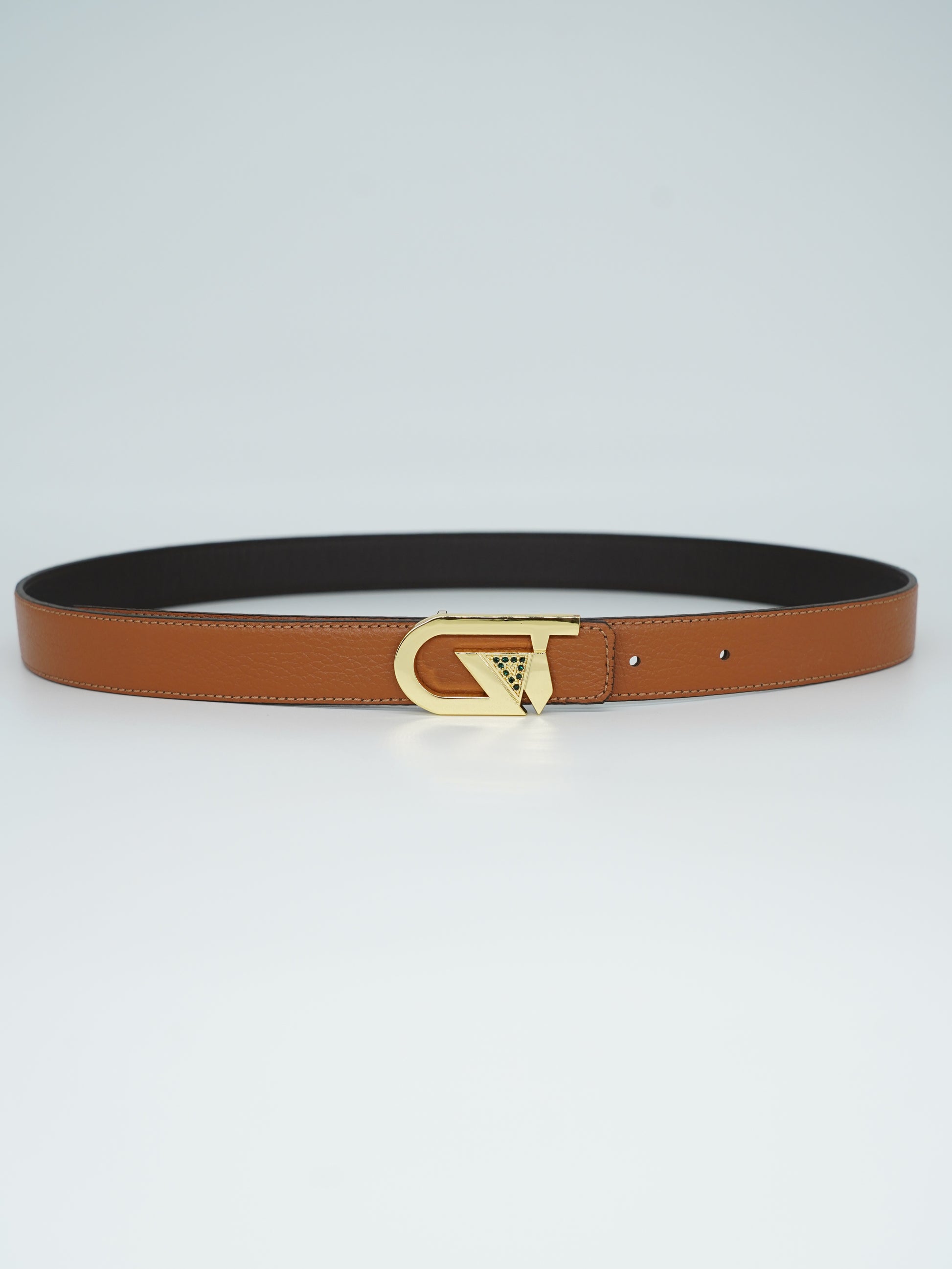 Cintura GT reversibile 2,5cm in pelle di vitello primo fiore moro/cuoio con fibbia oro lucido