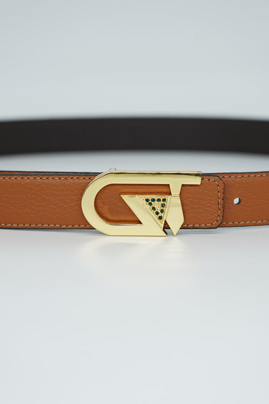 Cintura GT reversibile 2,5cm in pelle di vitello primo fiore moro/cuoio con fibbia oro lucido