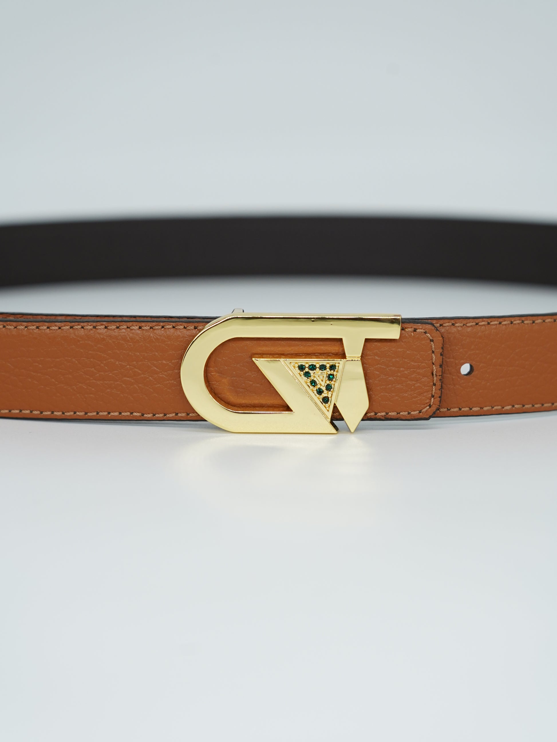 Cintura GT reversibile 2,5cm in pelle di vitello primo fiore moro/cuoio con fibbia oro lucido