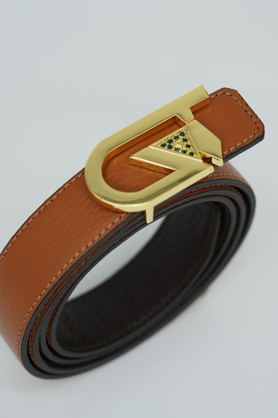 Cintura GT reversibile 2,5cm in pelle di vitello primo fiore moro/cuoio con fibbia oro lucido
