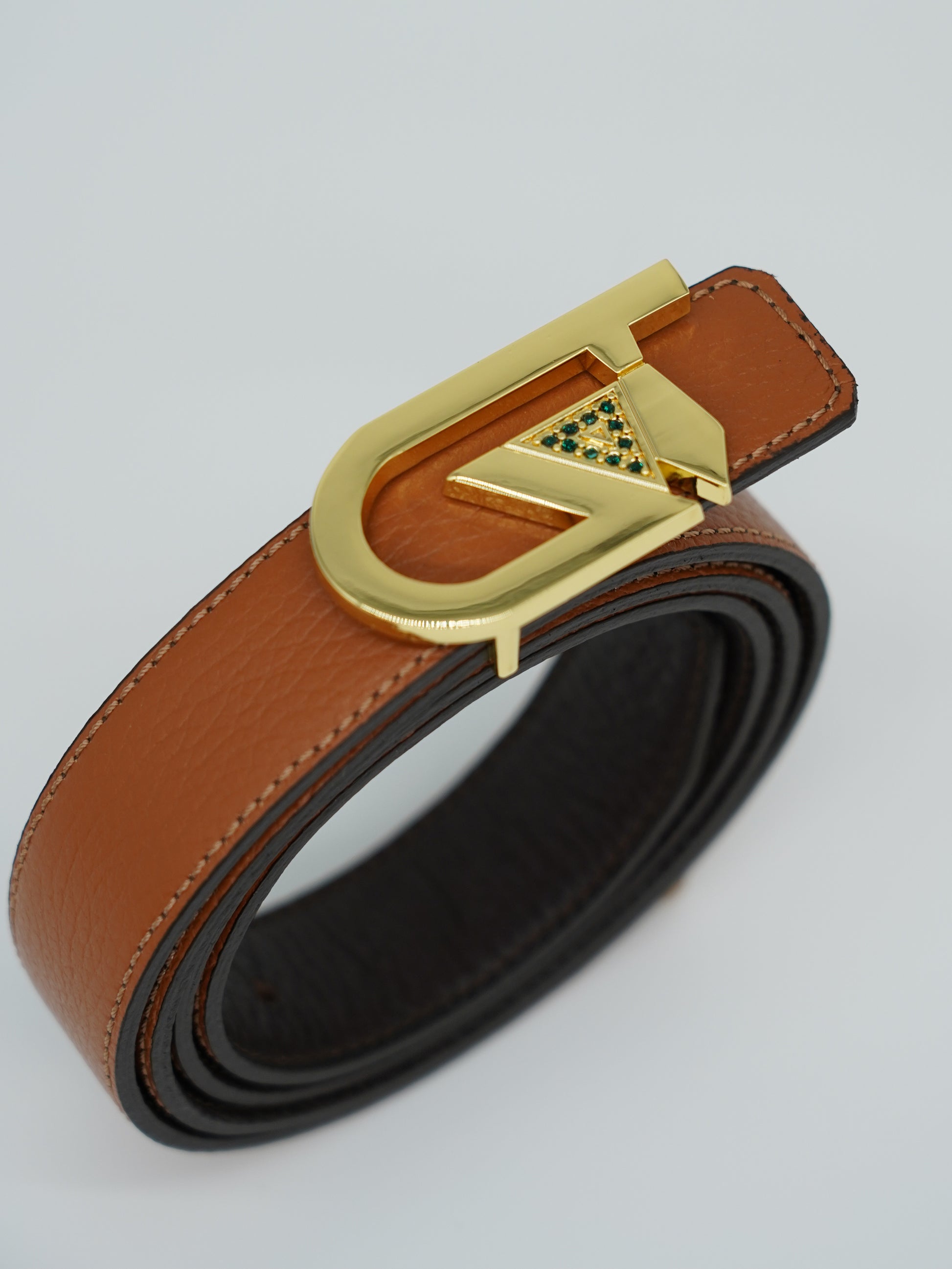 Cintura GT reversibile 2,5cm in pelle di vitello primo fiore moro/cuoio con fibbia oro lucido