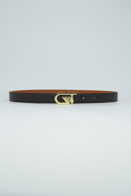Cintura GT reversibile 2,5cm in pelle di vitello primo fiore moro/cuoio con fibbia oro lucido