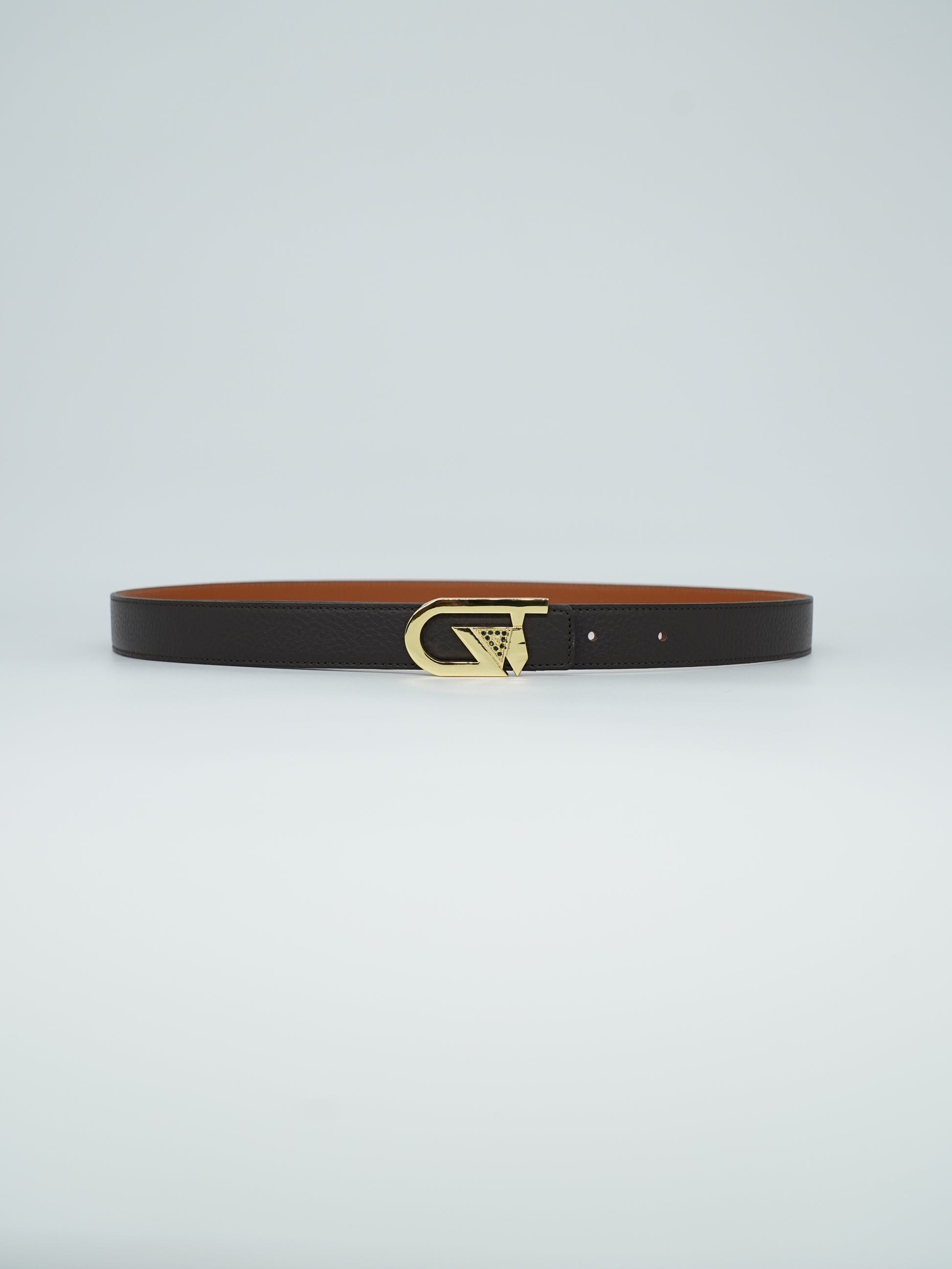 Cintura GT reversibile 2,5cm in pelle di vitello primo fiore moro/cuoio con fibbia oro lucido