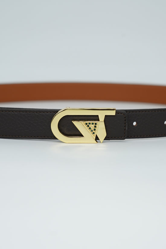 Cintura GT reversibile 2,5cm in pelle di vitello primo fiore moro/cuoio con fibbia oro lucido