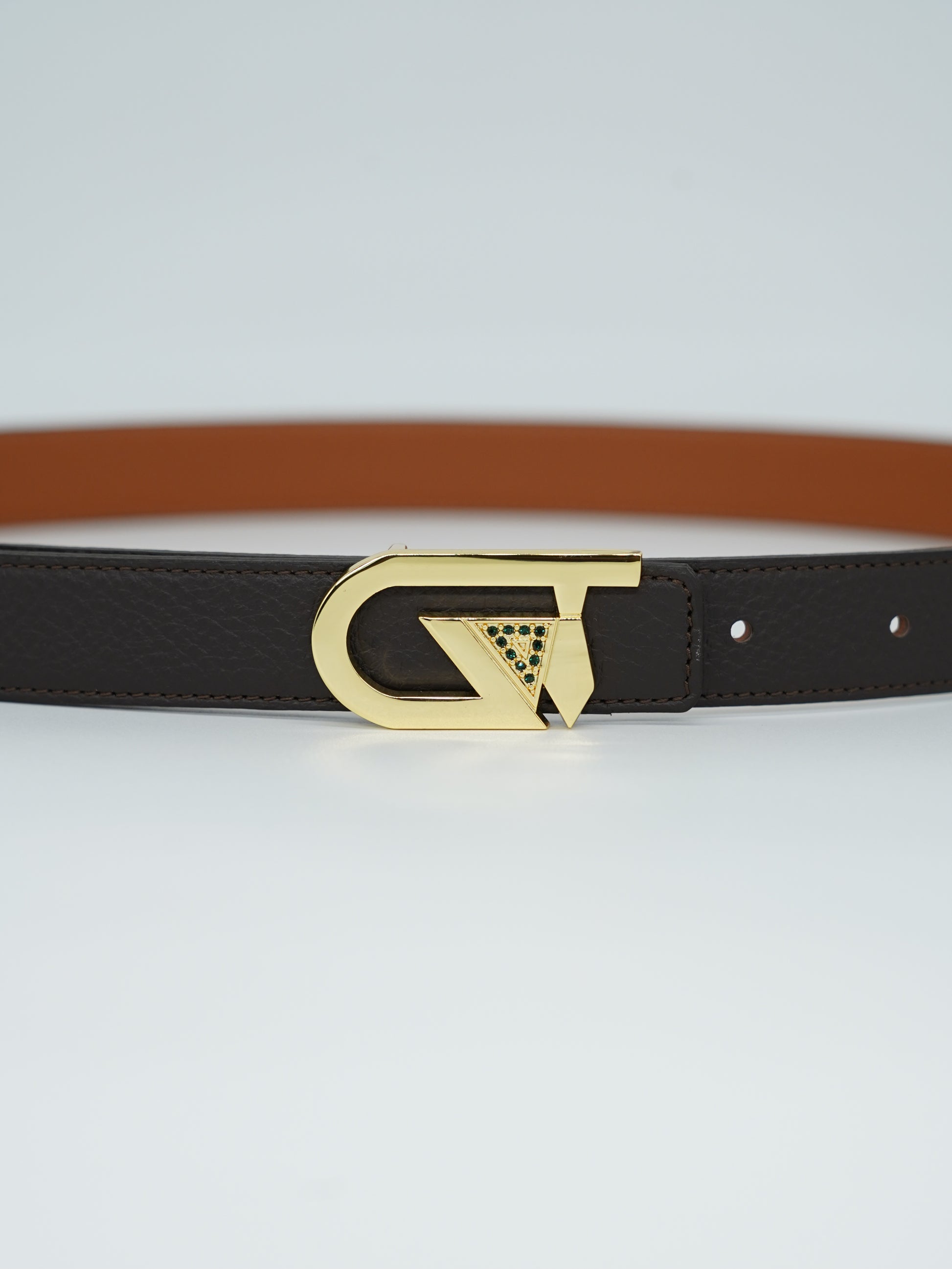 Cintura GT reversibile 2,5cm in pelle di vitello primo fiore moro/cuoio con fibbia oro lucido