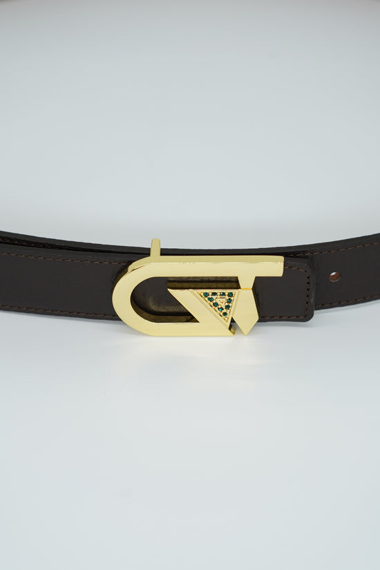 Cintura GT reversibile 2,5cm in pelle di vitello primo fiore moro/cuoio con fibbia oro lucido