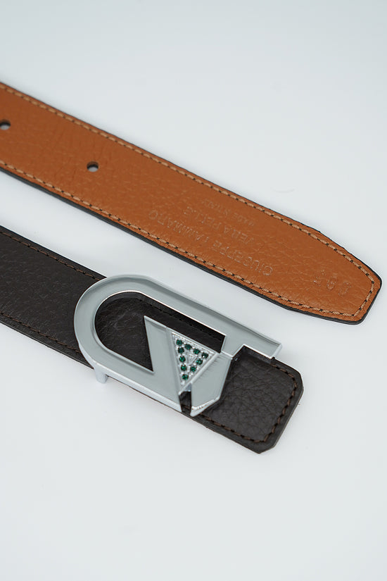 Cintura GT reversibile 2,5cm in pelle di vitello primo fiore cuoio/moro con fibbia argento