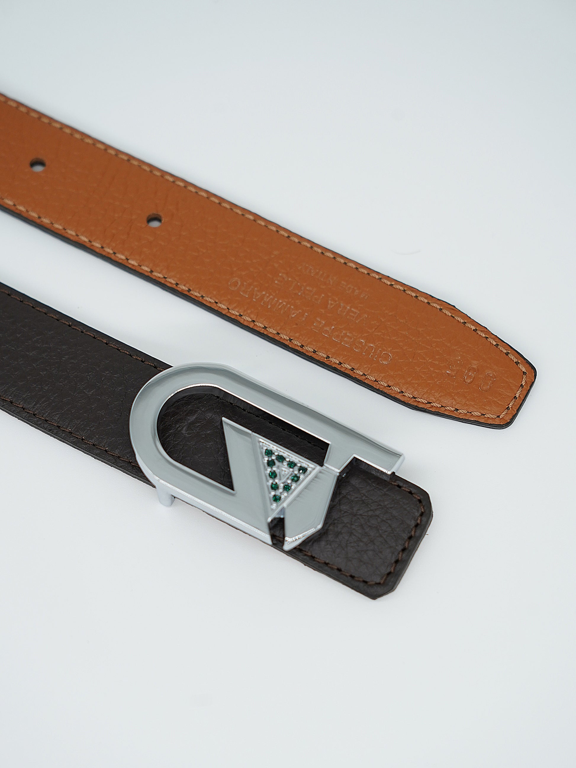 Cintura GT reversibile 2,5cm in pelle di vitello primo fiore cuoio/moro con fibbia argento
