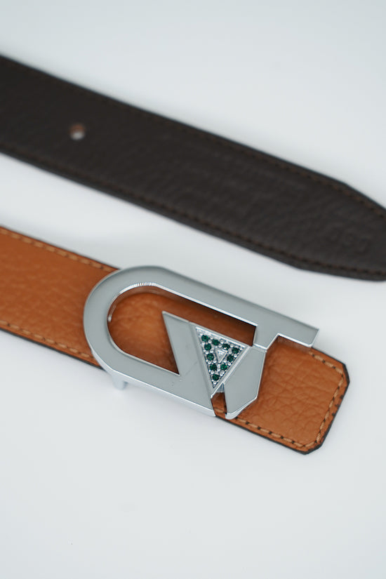 Cintura GT reversibile 2,5cm in pelle di vitello primo fiore cuoio/moro con fibbia argento