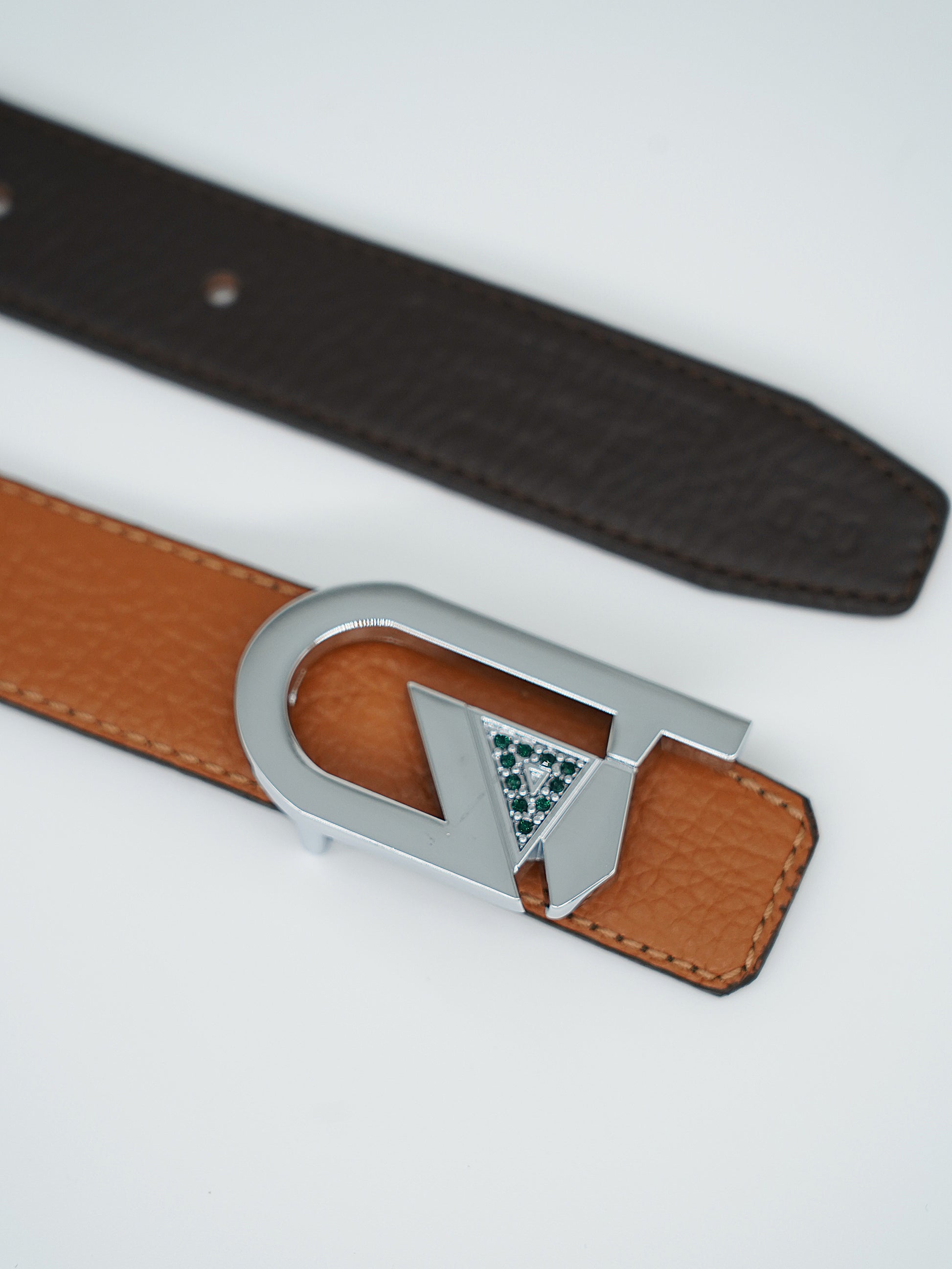 Cintura GT reversibile 2,5cm in pelle di vitello primo fiore cuoio/moro con fibbia argento