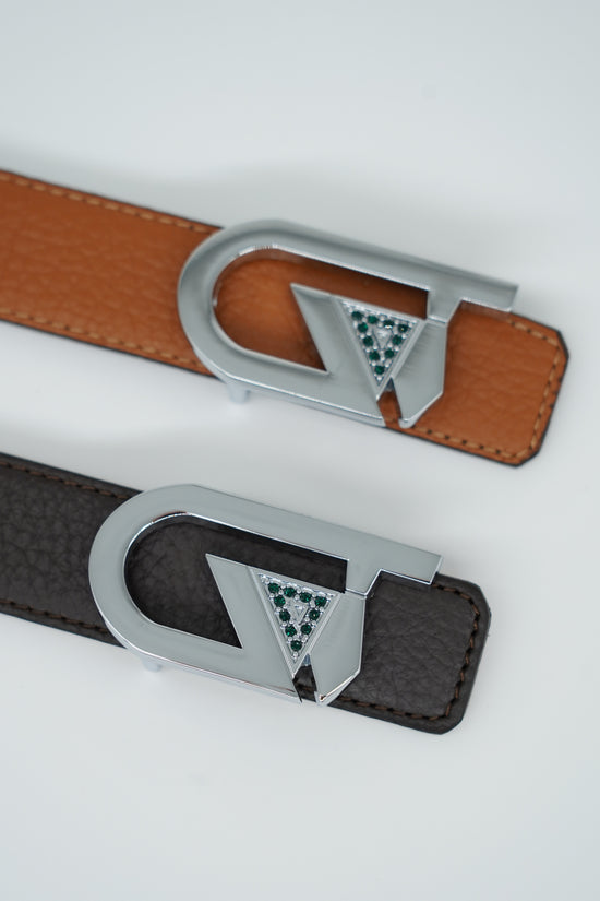 Cintura GT reversibile 2,5cm in pelle di vitello primo fiore cuoio/moro con fibbia argento