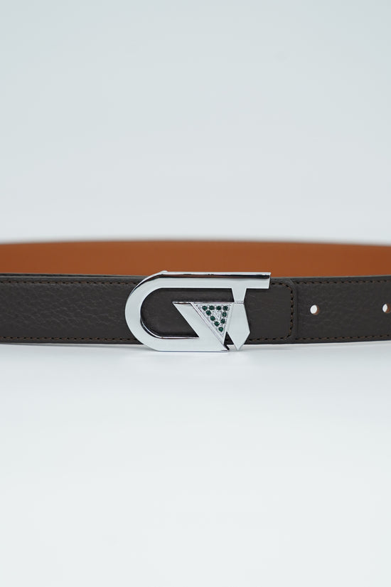 Cintura GT reversibile 2,5cm in pelle di vitello primo fiore cuoio/moro con fibbia argento