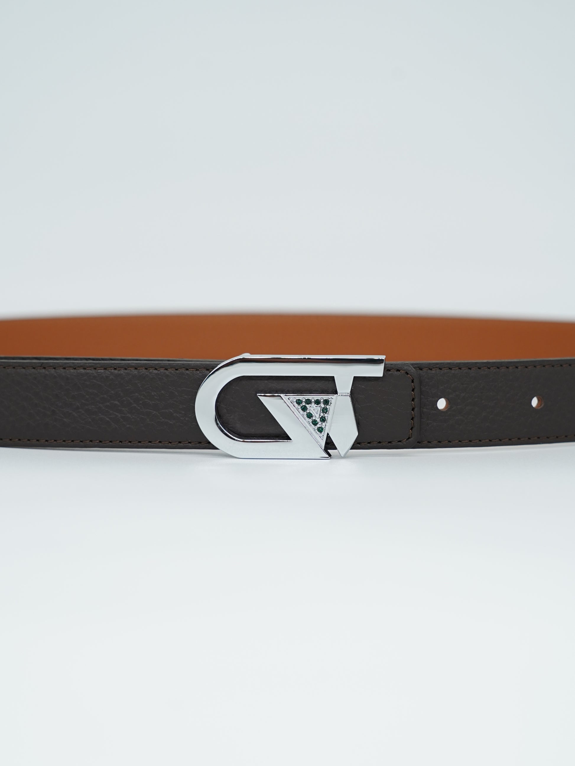 Cintura GT reversibile 2,5cm in pelle di vitello primo fiore cuoio/moro con fibbia argento