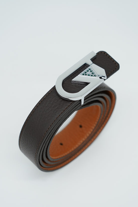 Cintura GT reversibile 2,5cm in pelle di vitello primo fiore cuoio/moro con fibbia argento