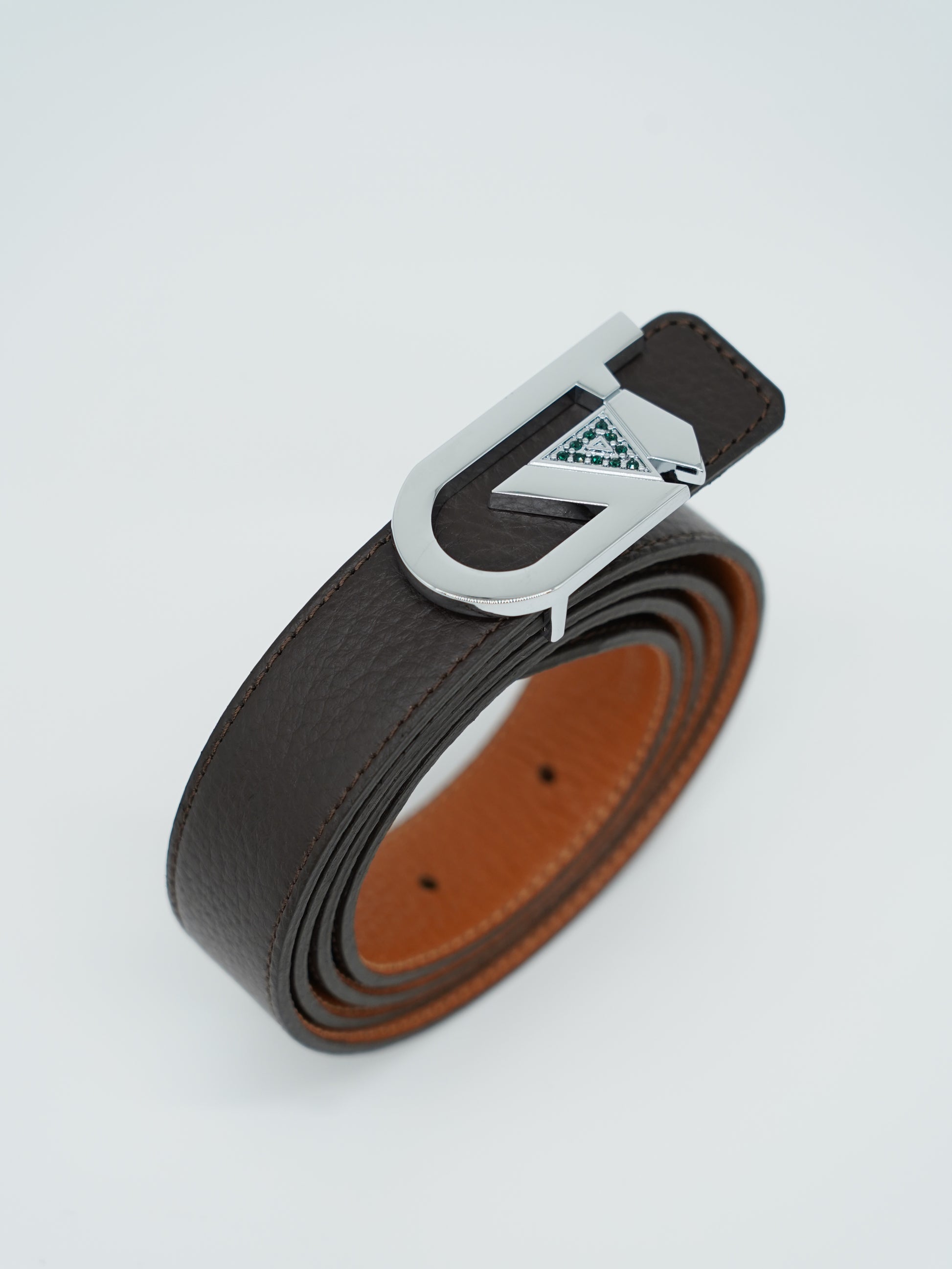 Cintura GT reversibile 2,5cm in pelle di vitello primo fiore cuoio/moro con fibbia argento
