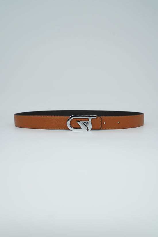 Cintura GT reversibile 2,5cm in pelle di vitello primo fiore cuoio/moro con fibbia argento