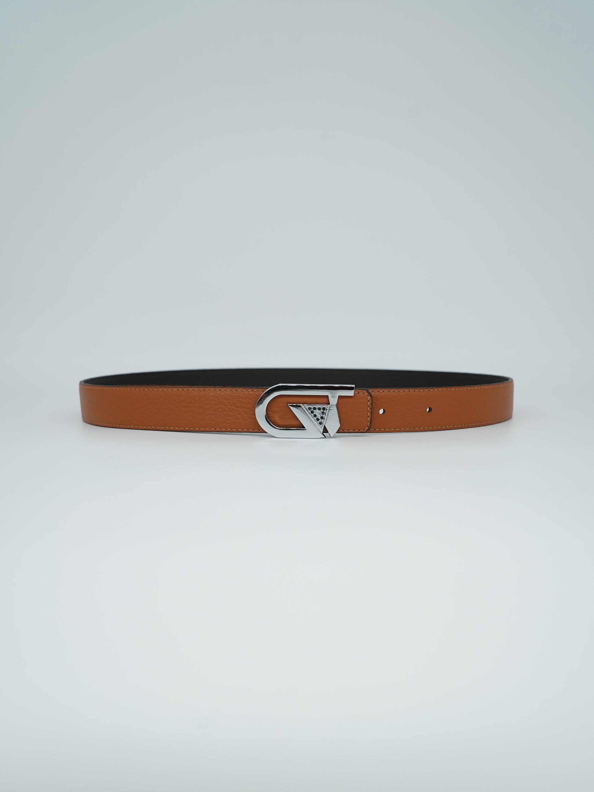 Cintura GT reversibile 2,5cm in pelle di vitello primo fiore cuoio/moro con fibbia argento