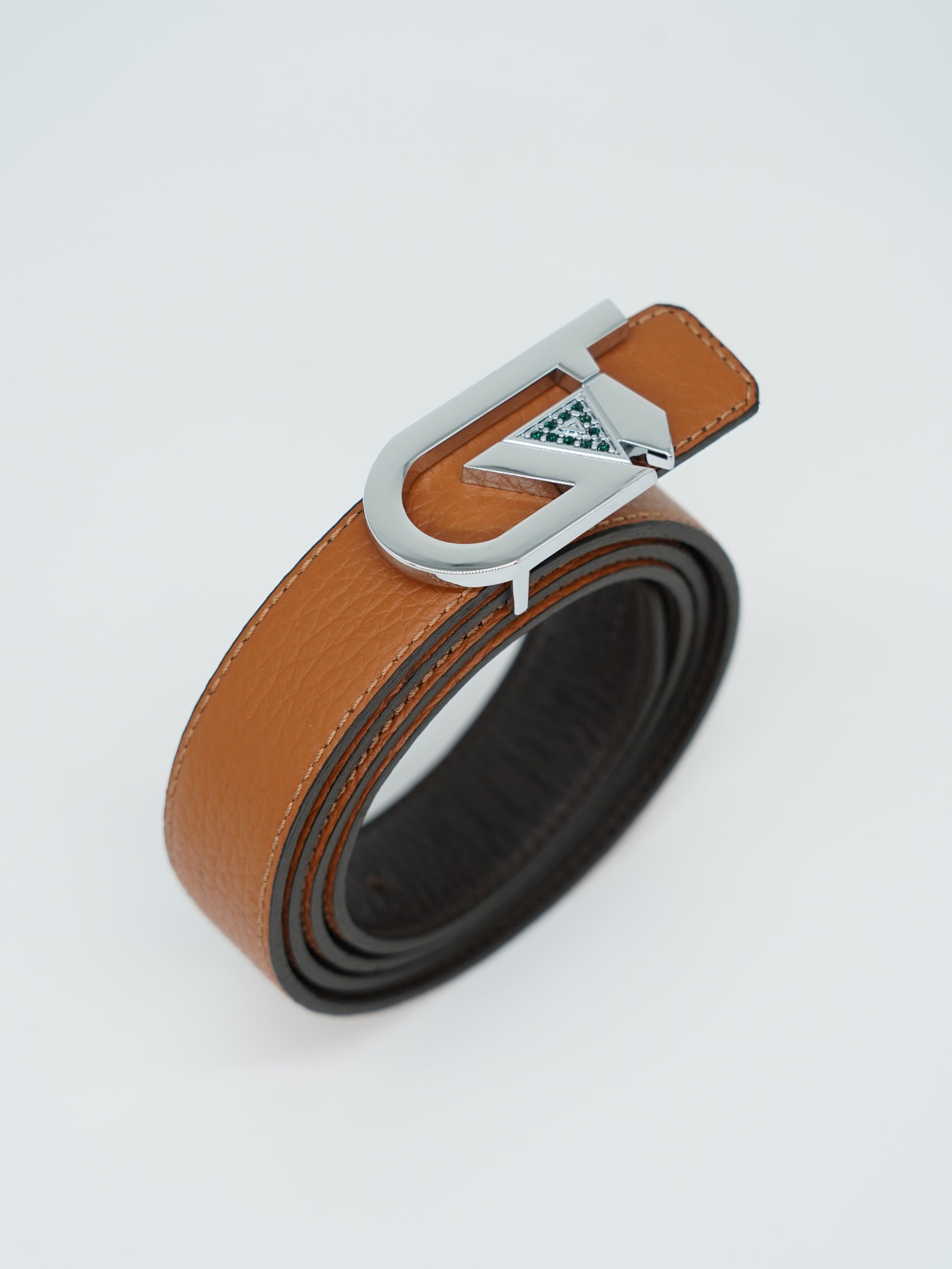 Cintura GT reversibile 2,5cm in pelle di vitello primo fiore cuoio/moro con fibbia argento