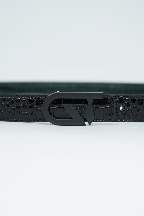 Cintura GT reversibile 2,5cm in pelle di vitello primo fiore stampa cocco verde/nero con fibbia nera opaca