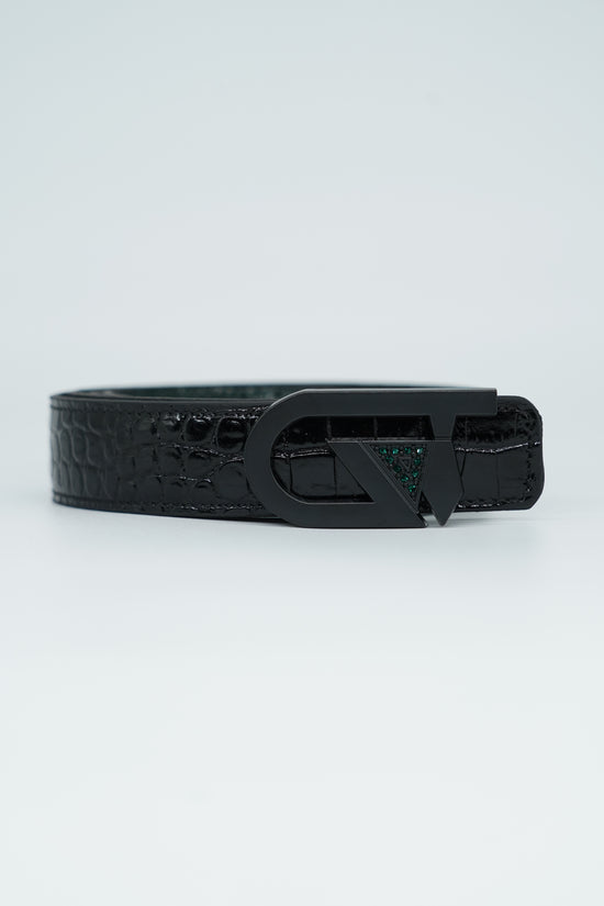 Cintura GT reversibile 2,5cm in pelle di vitello primo fiore stampa cocco verde/nero con fibbia nera opaca