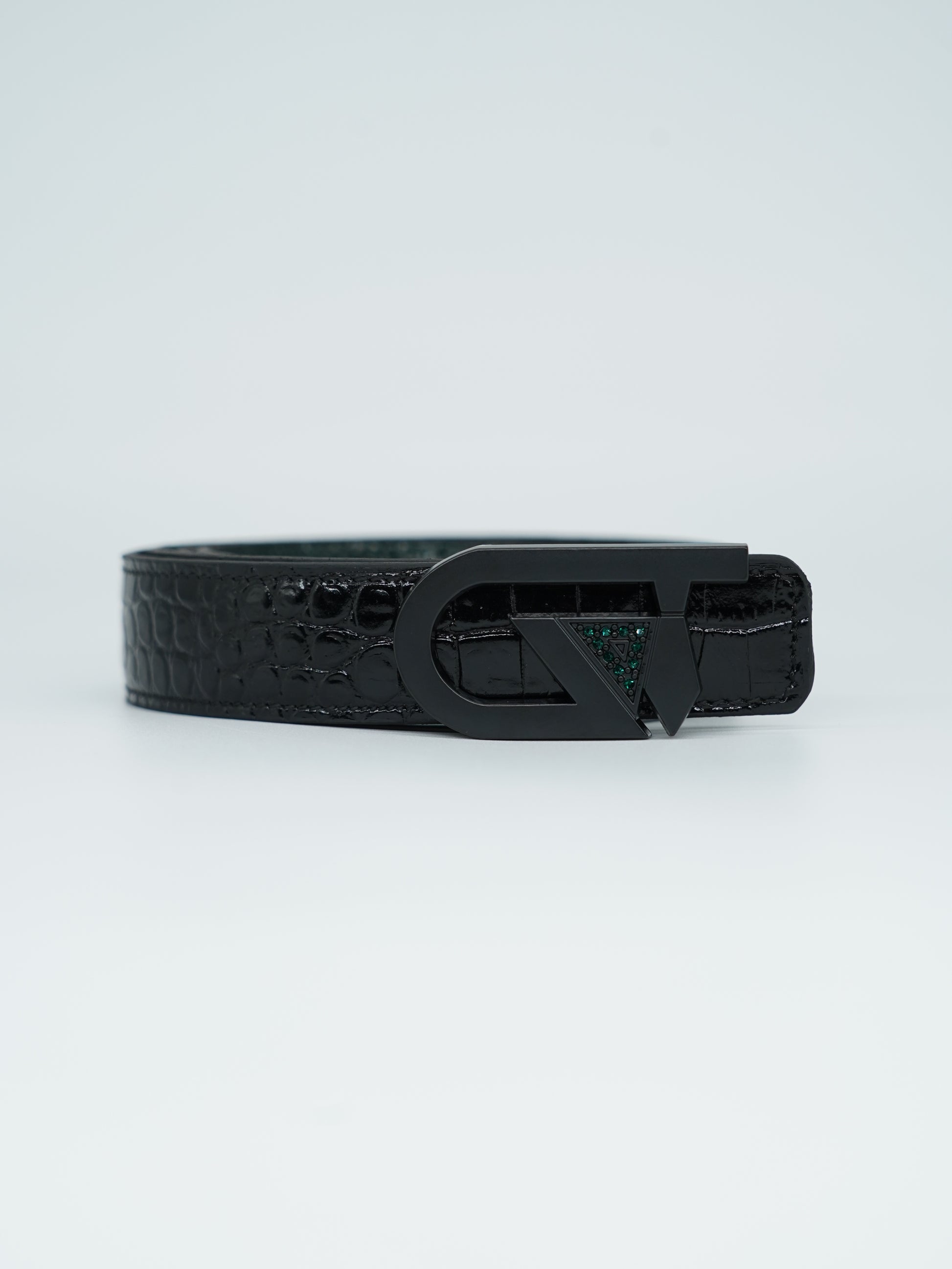 Cintura GT reversibile 2,5cm in pelle di vitello primo fiore stampa cocco verde/nero con fibbia nera opaca