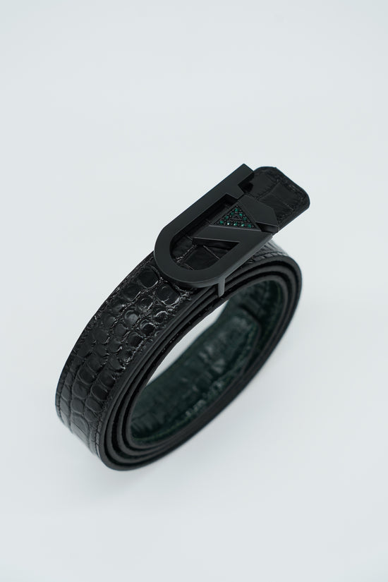 Cintura GT reversibile 2,5cm in pelle di vitello primo fiore stampa cocco verde/nero con fibbia nera opaca
