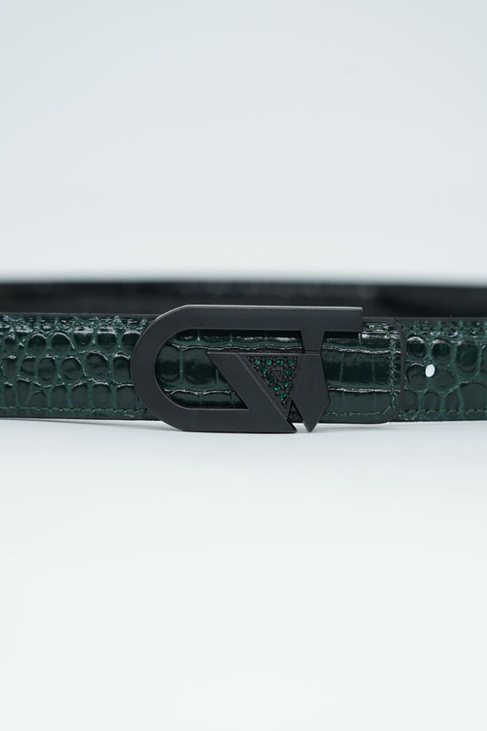 Cintura GT reversibile 2,5cm in pelle di vitello primo fiore stampa cocco verde/nero con fibbia nera opaca
