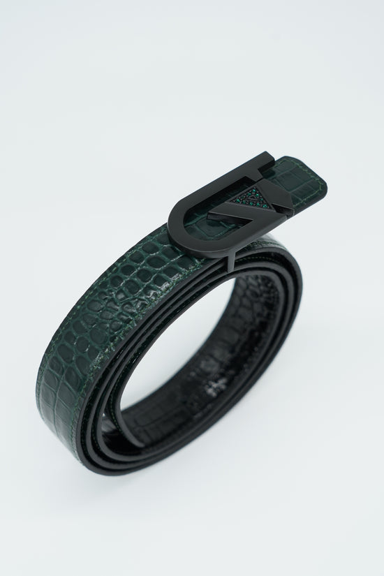 Cintura GT reversibile 2,5cm in pelle di vitello primo fiore stampa cocco verde/nero con fibbia nera opaca