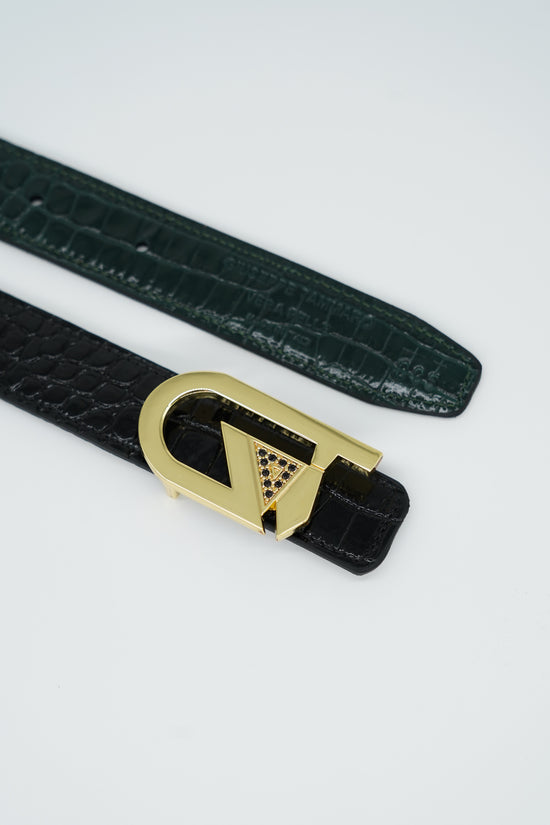 Cintura GT reversibile 2,5cm in pelle di vitello primo fiore stampa cocco nera/verde con fibbia oro lucido