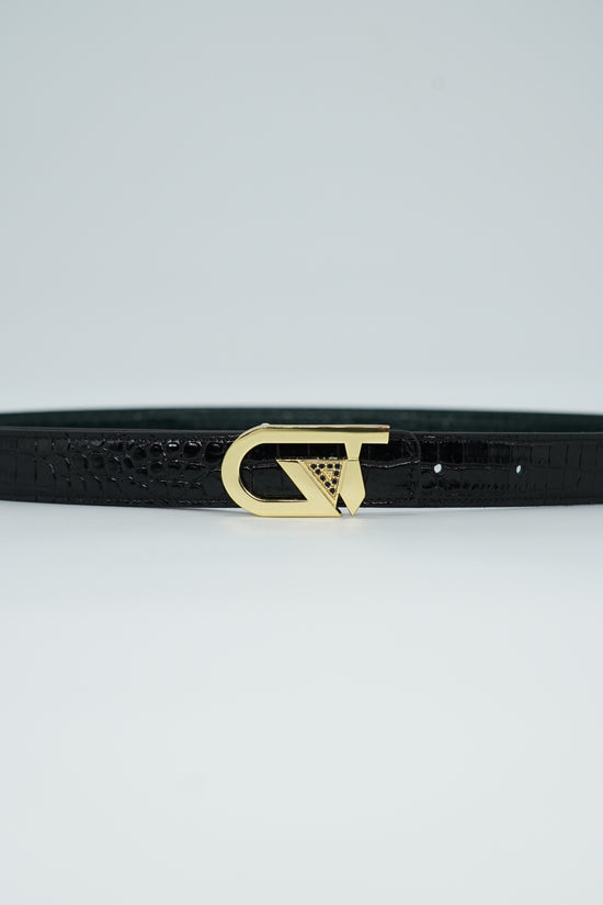 Cintura GT reversibile 2,5cm in pelle di vitello primo fiore stampa cocco nera/verde con fibbia oro lucido