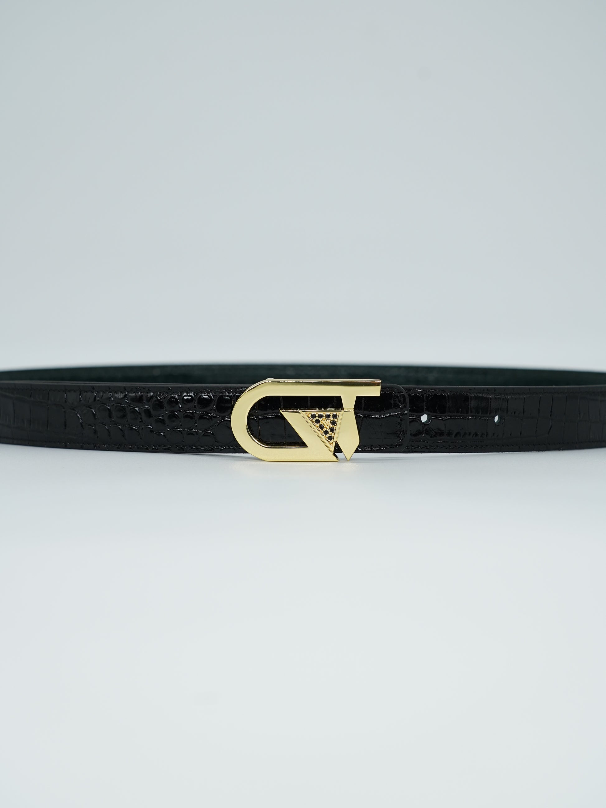 Cintura GT reversibile 2,5cm in pelle di vitello primo fiore stampa cocco nera/verde con fibbia oro lucido